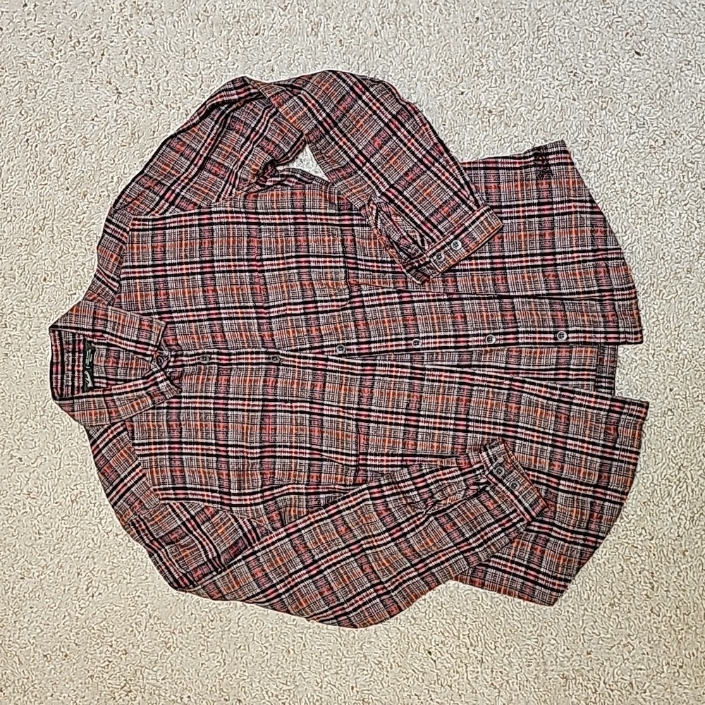 Woolrich petite red/orange multi‑color plaid button‑down shirt